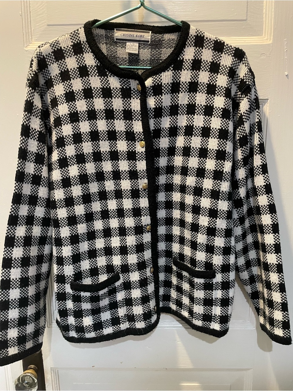Vintage Crystal Kobe Black & White Check Knit Cardigan, Large